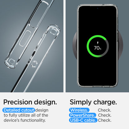 ACS05662 - Galaxy S23 Plus Case Liquid Crystal in crystal clear precision design. Detail cutout design to fully utilize all of the device's functionality. Simply charge wireless check. power share check. USB-C cable check.