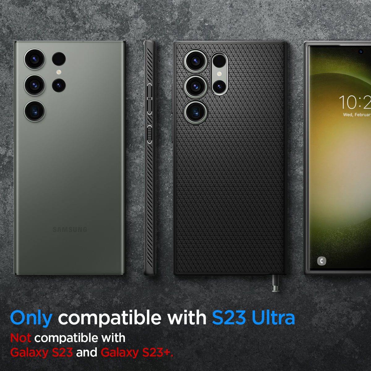 ACS05614 - Galaxy S23 Ultra Case Liquid Air in matte black showing the compatibility only with S23 Ultra. Not compatible with Galaxy S23 and Galaxy S23+