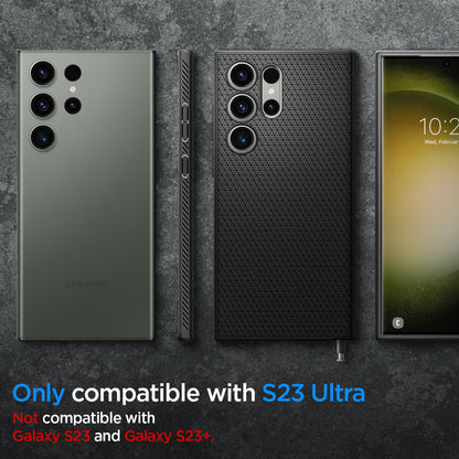 ACS05614 - Galaxy S23 Ultra Case Liquid Air in matte black showing the compatibility only with S23 Ultra. Not compatible with Galaxy S23 and Galaxy S23+