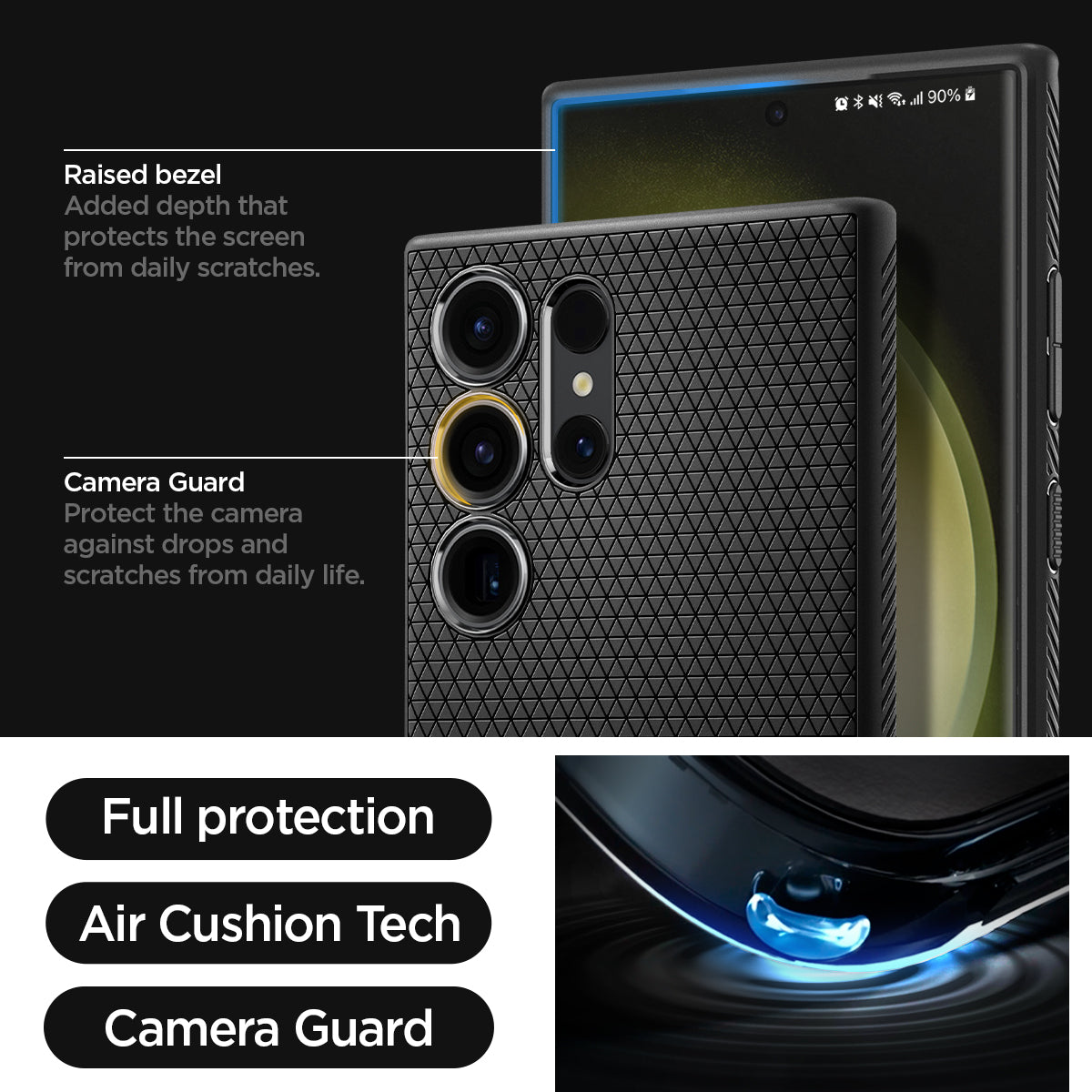 ACS05614 - Galaxy S23 Ultra Case Liquid Air in matte black showing the full protection, air cushion tech and camera guard. Raised bezel-added depth that protects the screen from daily scratches