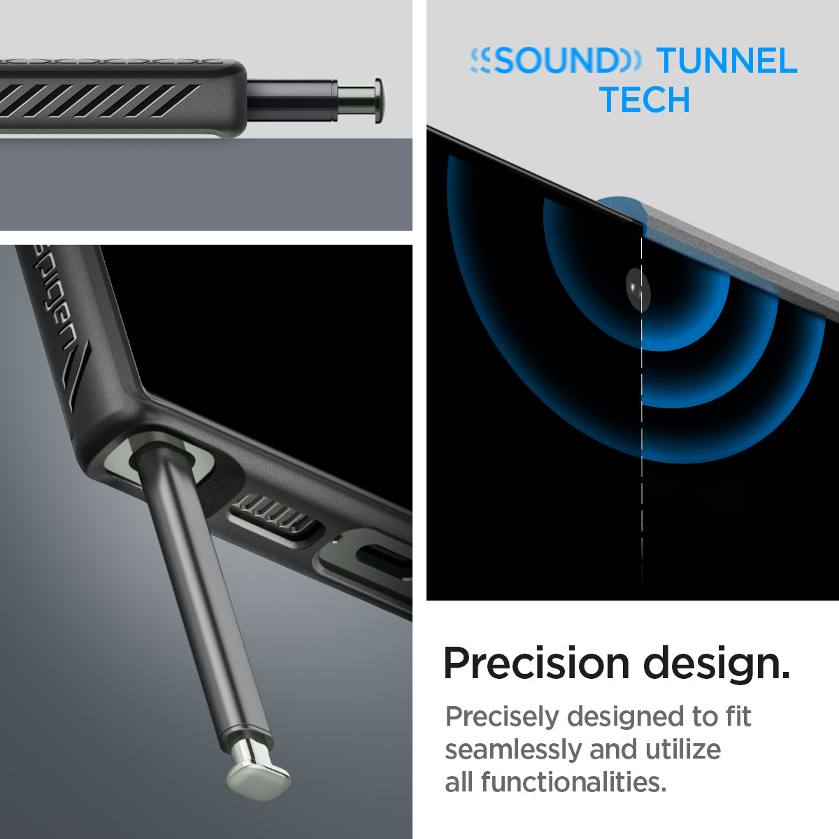 ACS05614 - Galaxy S23 Ultra Case Liquid Air in matte black showing the precision design. Precisely designed to fit seamlessly and utilize all functionalities with sound tunnel tech