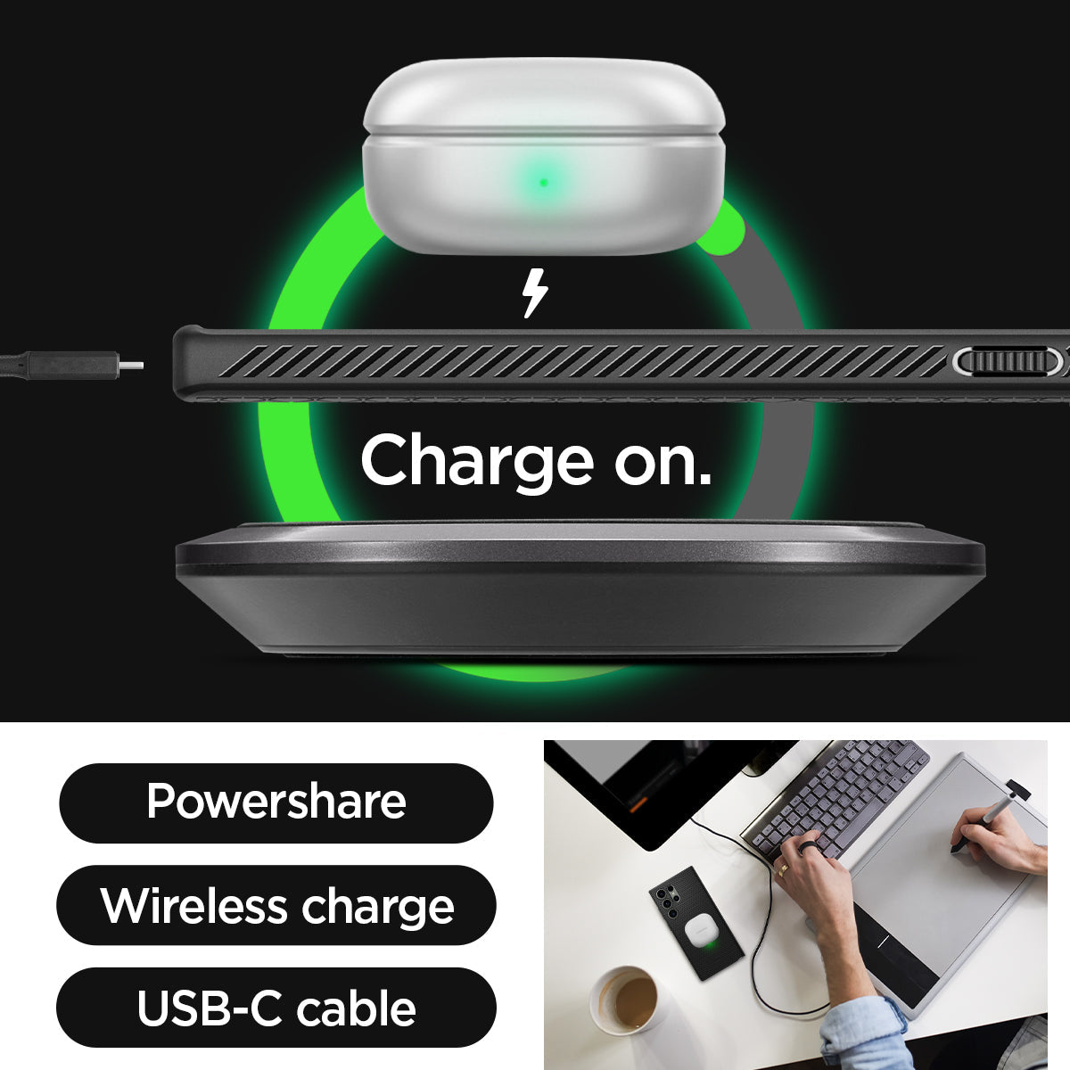ACS05614 - Galaxy S23 Ultra Case Liquid Air in matte black showing charge on with Powershare, wireless charge and USB-C cable