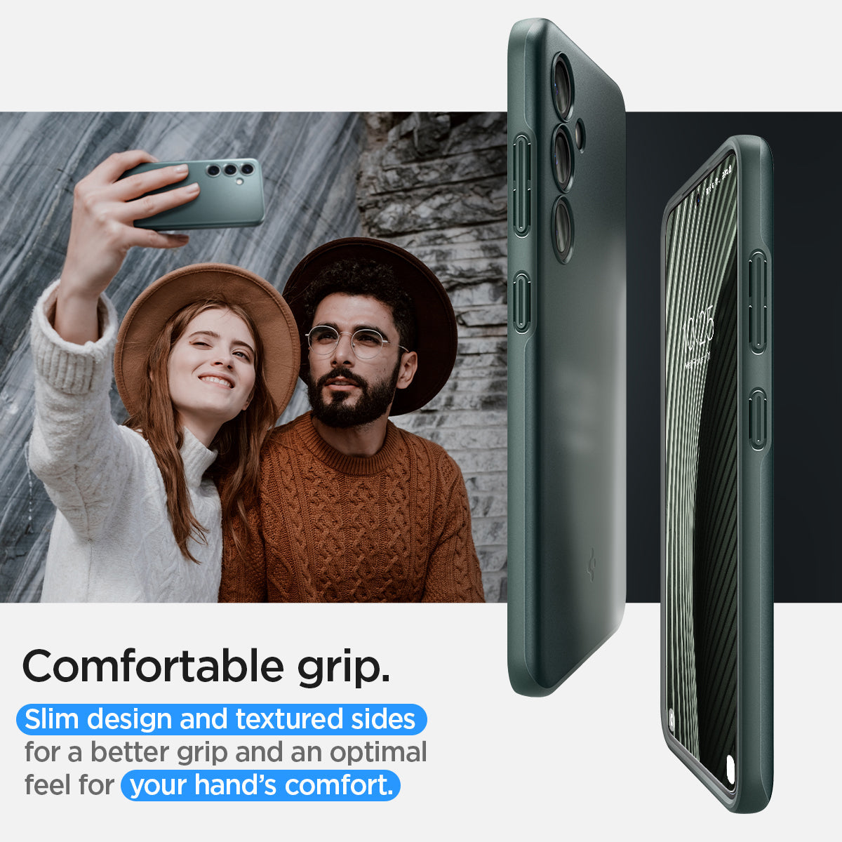ACS07342 - Galaxy S24 Case Thin Fit in Abyss Green comfortable grip. Slim design and textured sides for a better grip and an optimal feel for your hand's comfort.
