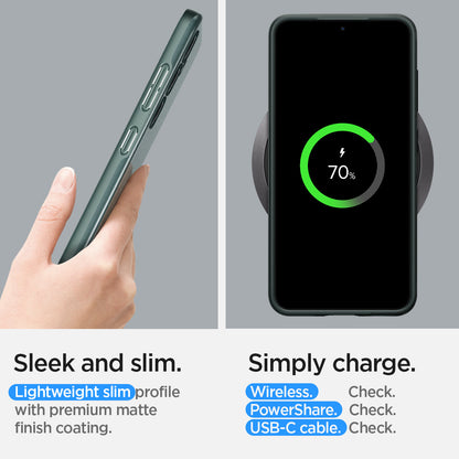 ACS07342 - Galaxy S24 Case Thin Fit in Abyss Green sleek and slim. lightweight slim profile with premium matte finish coating. Simply charge wireless check. power share check. USB-C cable.