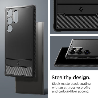 ACS07286 - Galaxy S24 Ultra Case Rugged Armor in Matte Black showing the stealthy design. Sleek matte black coating with an aggressive profile and carbon-fiber accent