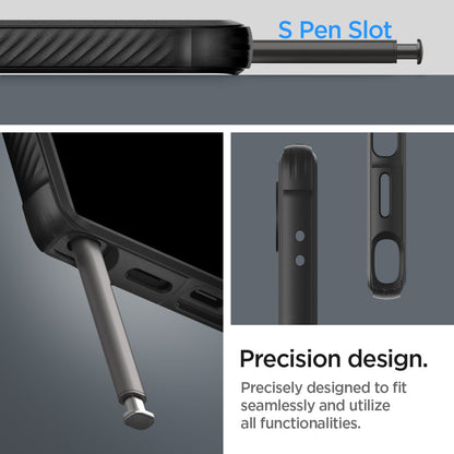 ACS07286 - Galaxy S24 Ultra Case Rugged Armor in Matte Black showing the S Pen Slot. Precisely designed to fi seamlessly and utilize all functionalities