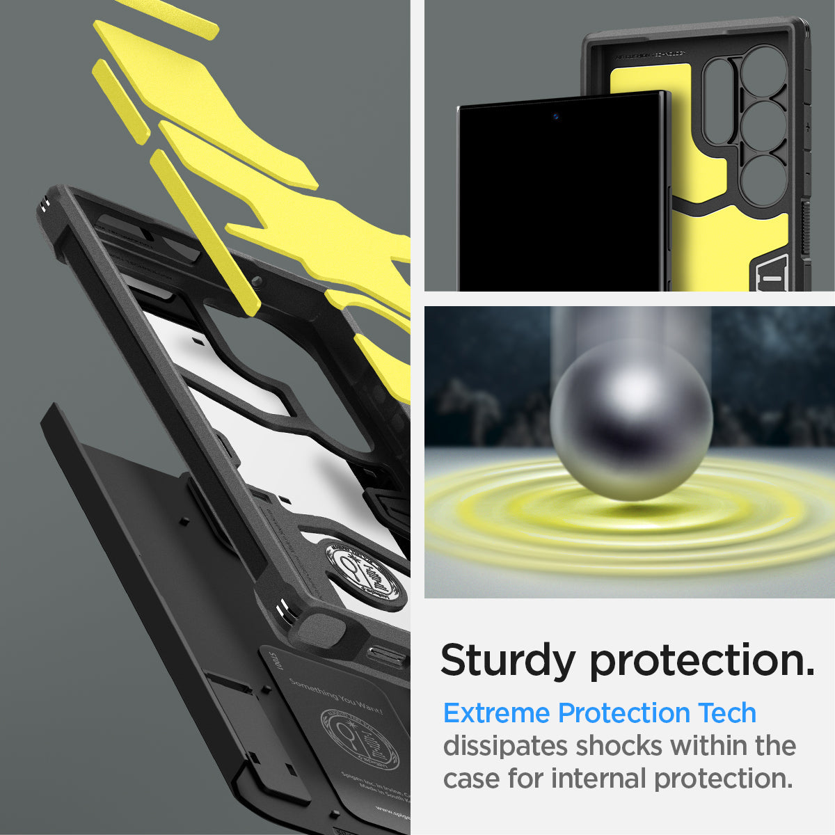 ACS07300 - Galaxy S24 Ultra Case Tough Armor in Black showing the sturdy protection. Extreme Protection Tech, dissipates shocks within the case for internal protection