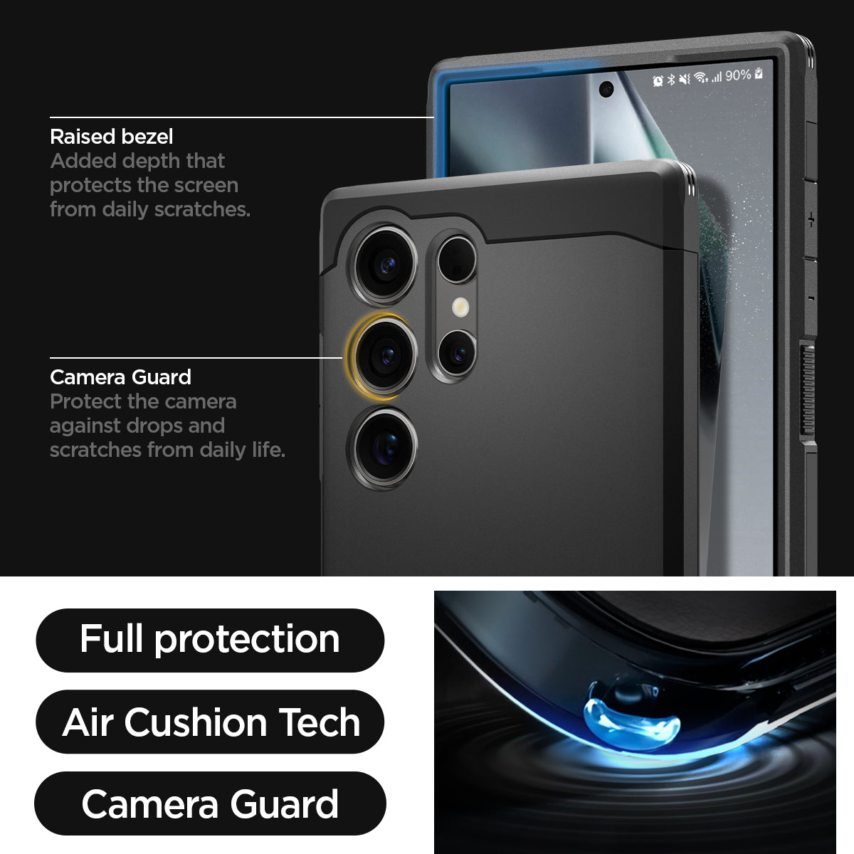 ACS07300 - Galaxy S24 Ultra Case Tough Armor in Black showing the full protection, air cushion tech and camera guard. Raised bezel-added depth that protects the screen from daily scratches