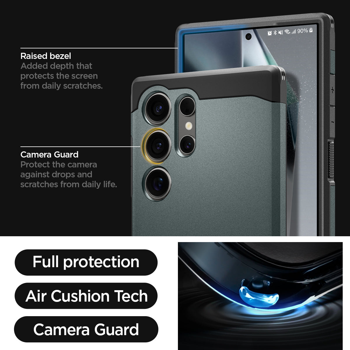 ACS07302 - Galaxy S24 Ultra Case Tough Armor in Abyss Green showing the full protection, air cushion tech and camera guard. Raised bezel-added depth that protects the screen from daily scratches