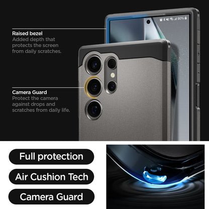 ACS07301 - Galaxy S24 Ultra Case Tough Armor in Gunmetal showing the full protection, air cushion tech and camera guard. Raised bezel-added depth that protects the screen from daily scratches