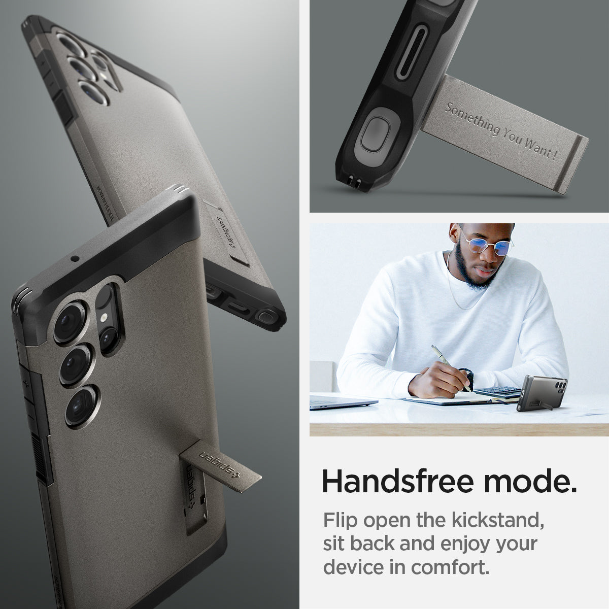 ACS07301 - Galaxy S24 Ultra Case Tough Armor in Gunmetal showing the handsfree mode. Flip open the kickstand, sit back and enjoy your device in comfort