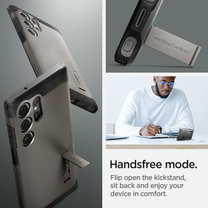 ACS07301 - Galaxy S24 Ultra Case Tough Armor in Gunmetal showing the handsfree mode. Flip open the kickstand, sit back and enjoy your device in comfort