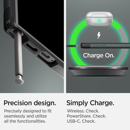 ACS07302 - Galaxy S24 Ultra Case Tough Armor in Abyss Green showing the precision design. Precisely designed to fit seamlessly and utilize all the functionalities. Simply Charge Wireless, PowerShare and USB-C all check