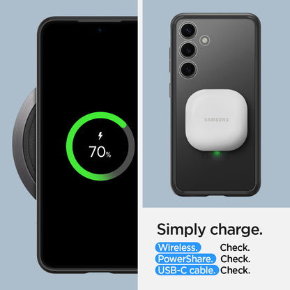 ACS07352 - Galaxy S24 Case Ultra Hybrid in Matte Black Simply charge wireless check. power share check. USB-C cable check.