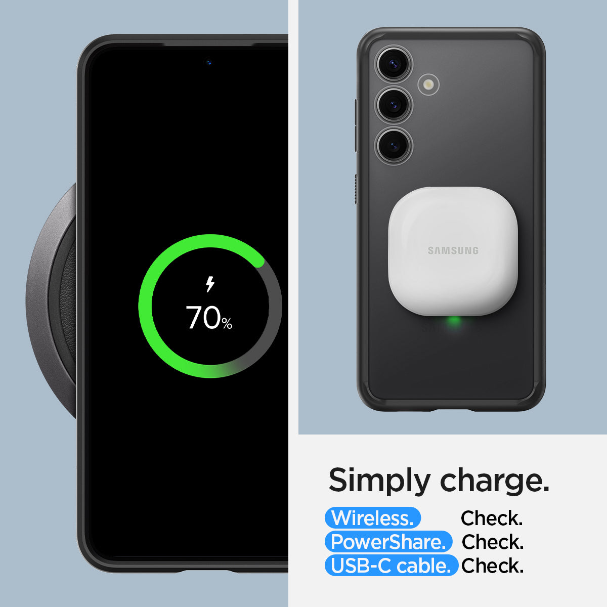 ACS07353 - Galaxy S24 Case Ultra Hybrid in Frost Black Simply charge wireless check. power share check. USB-C cable check.