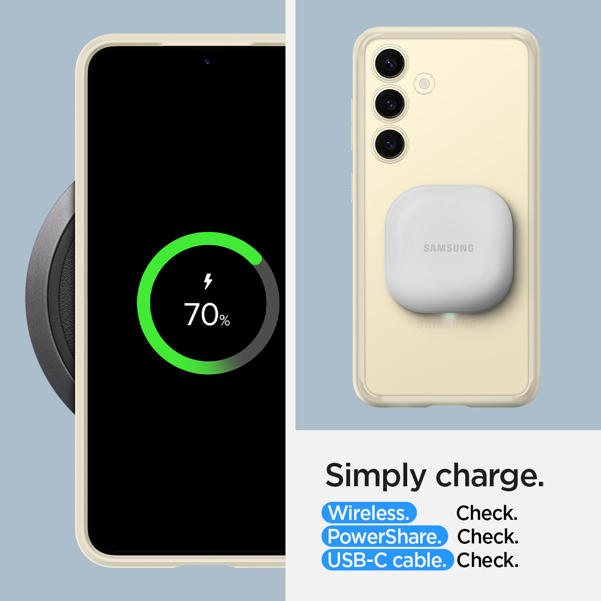 ACS07416 - Galaxy S24 Case Ultra Hybrid in Mute Beige Simply charge wireless check. power share check. USB-C cable check.