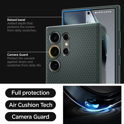 ACS07288 - Galaxy S24 Ultra Case Liquid Air in Abyss Green raised bezel added depth that protects the screen from daily scratches. camera guard protect the camera against drops and scratches from daily life. full protection. air cushion tech. camera guard.