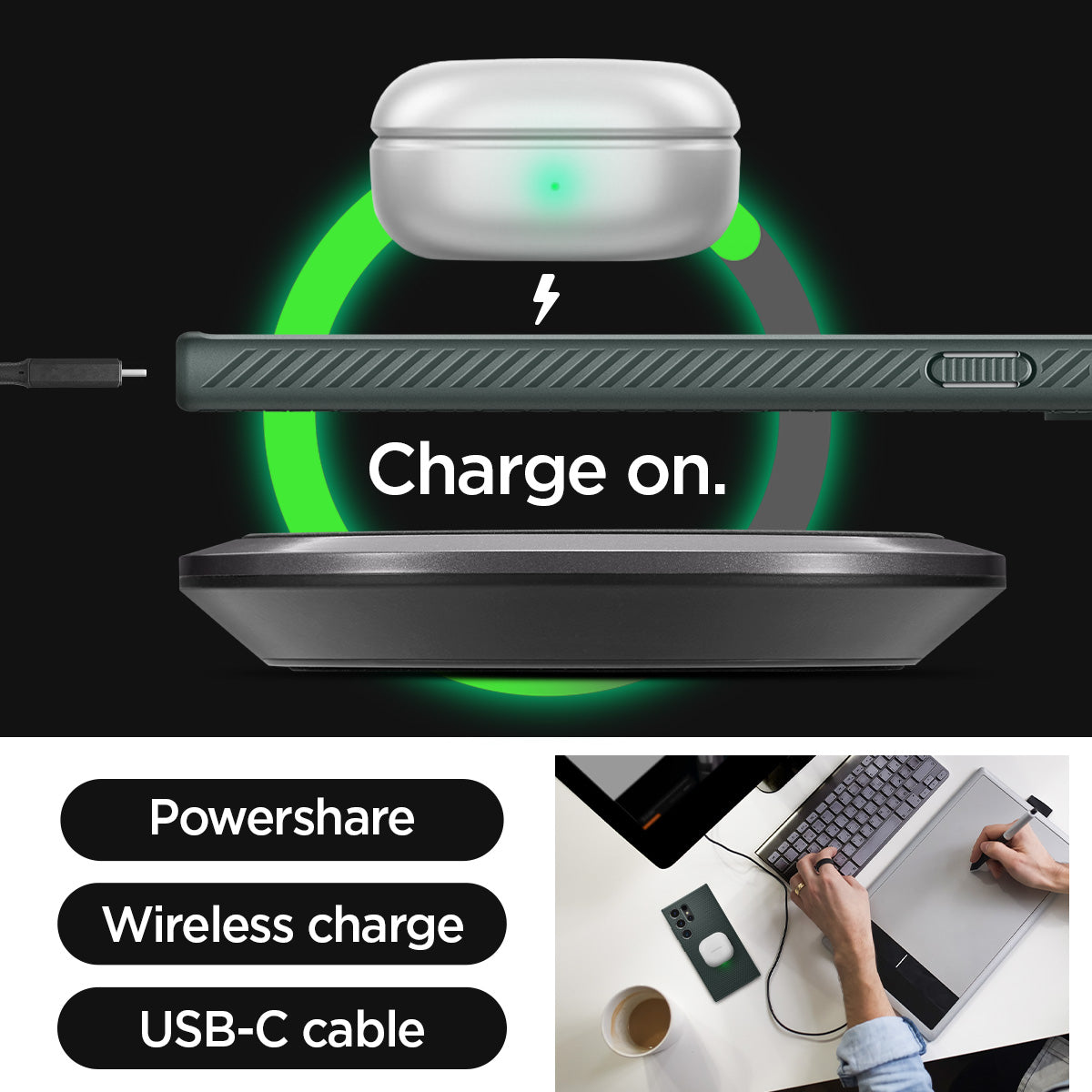 ACS07288 - Galaxy S24 Ultra Case Liquid Air in Abyss Green charge on. powershare. wireless charge. USB-C cable.