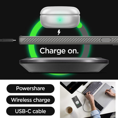 ACS07448 - Galaxy S24 Ultra Case Liquid Air in Granite Gray charge on. powershare. wireless charge. USB-C cable.