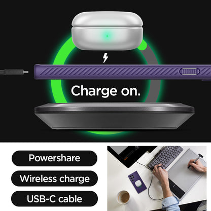 ACS07449 - Galaxy S24 Ultra Case Liquid Air in Deep Purple charge on. powershare. wireless charge. USB-C cable.