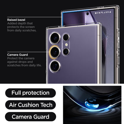 ACS07283 - Galaxy S24 Ultra Case Liquid Crystal in Crystal Clear raised bezel added depth that protects the screen from daily scratches. camera guard protect the camera against drops and scratches from daily life. full protection. air cushion tech. camera guard.