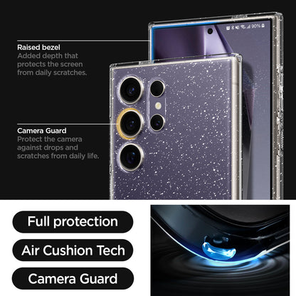 ACS07285 - Galaxy S24 Ultra Case Liquid Crystal Glitter in Crystal Quartz raised bezel added depth that protects the screen from daily scratches. camera guard protect the camera against drops and scratches from daily life. full protection. air cushion tech. camera guard.