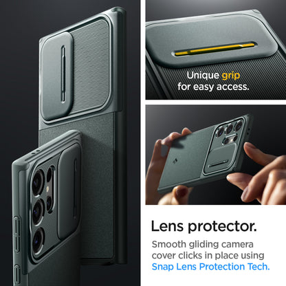 ACS07314 - Galaxy S24 Ultra Case Optik Armor in Abyss Green showing the lens protector. Smooth gliding camera cover clicks in place using Snap Lens Protection Tech with unique grip for easy access