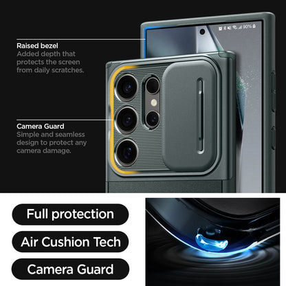 ACS07314 - Galaxy S24 Ultra Case Optik Armor in Abyss Green showing the full protection, air cushion tech, and camera guard. Raised bezel-added depth that protects the screen from daily scratches