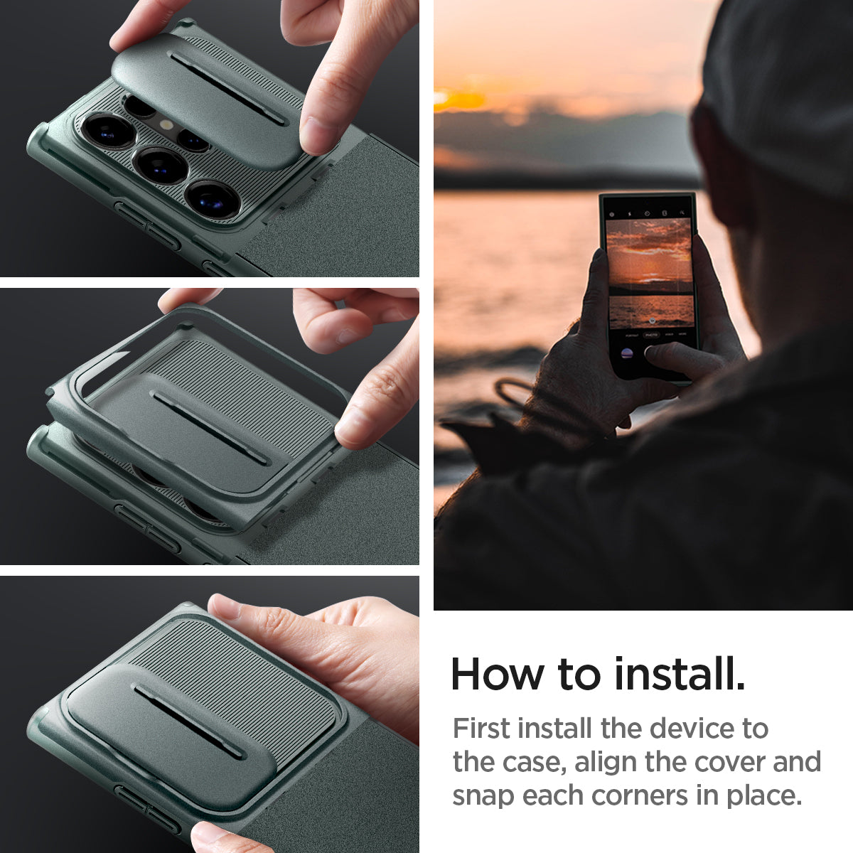 ACS07314 - Galaxy S24 Ultra Case Optik Armor in Abyss Green showing how to install. First install the device to the case, align the cover and snap each corners in place