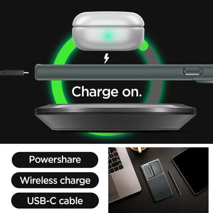 ACS07314 - Galaxy S24 Ultra Case Optik Armor in Abyss Green showing the powershare, wireless charge and USB-C cable