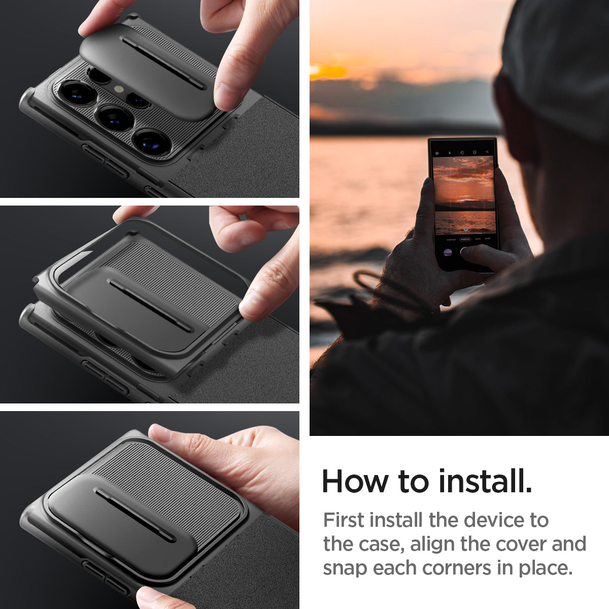 ACS07313 - Galaxy S24 Ultra Case Optik Armor in Black showing how to install. First install the device to the case, align the cover and snap each corners in place