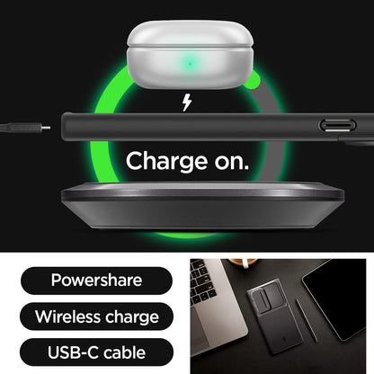 ACS07313 - Galaxy S24 Ultra Case Optik Armor in Black showing the powershare, wireless charge and USB-C cable