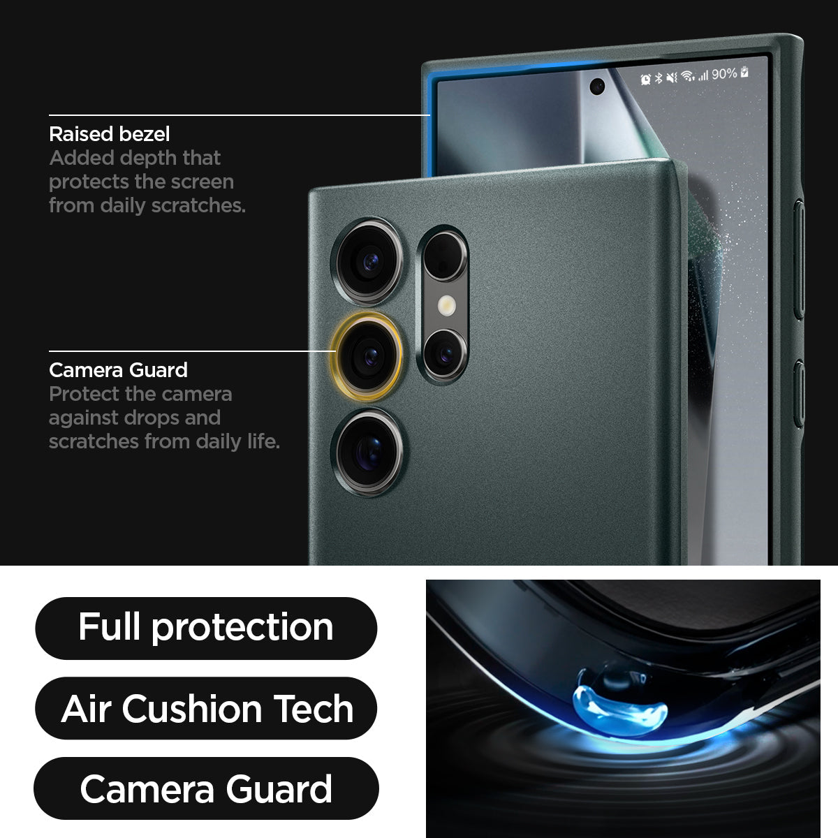 ACS07282 - Galaxy S24 Ultra Case Thin Fit in Abyss Green raised bezel added depth that protects the screen from daily scratches. camera guard protect the camera against drops and scratches from daily life. full protection. air cushion tech. camera guard.