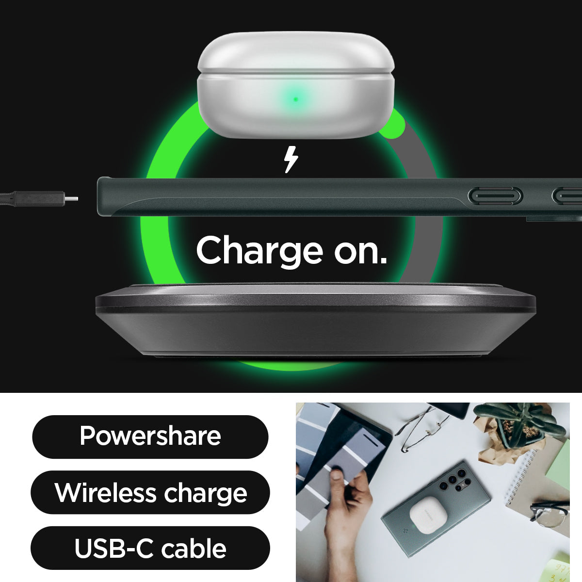 ACS07282 - Galaxy S24 Ultra Case Thin Fit in Abyss Green charge on. powershare. wireless charge. USB-C cable.