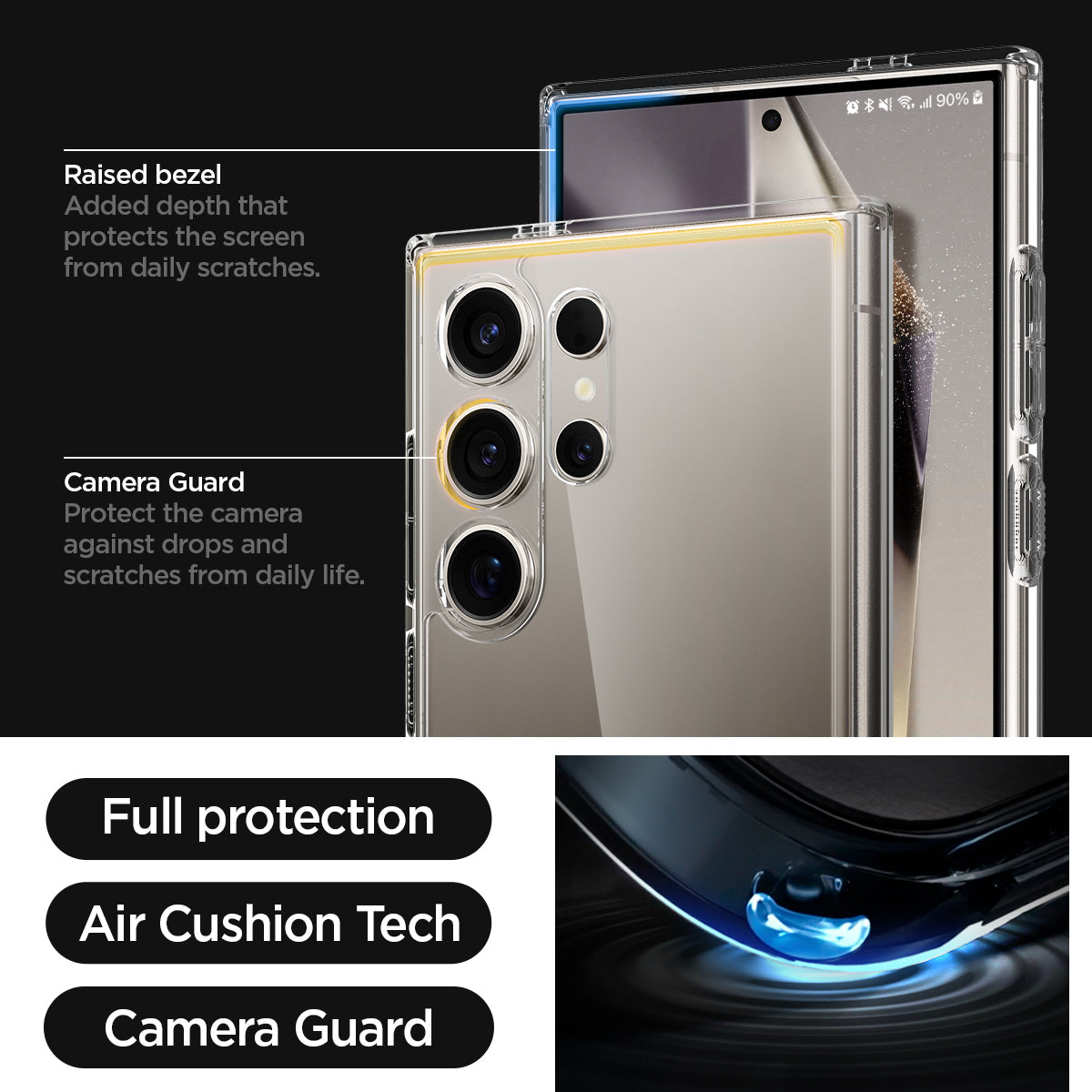 ACS07292 - Galaxy S24 Ultra Case Ultra Hybrid in Crystal Clear raised bezel added depth that protects the screen from daily scratches. camera guard protect the camera against drops and scratches from daily life. full protection. air cushion tech. camera guard.