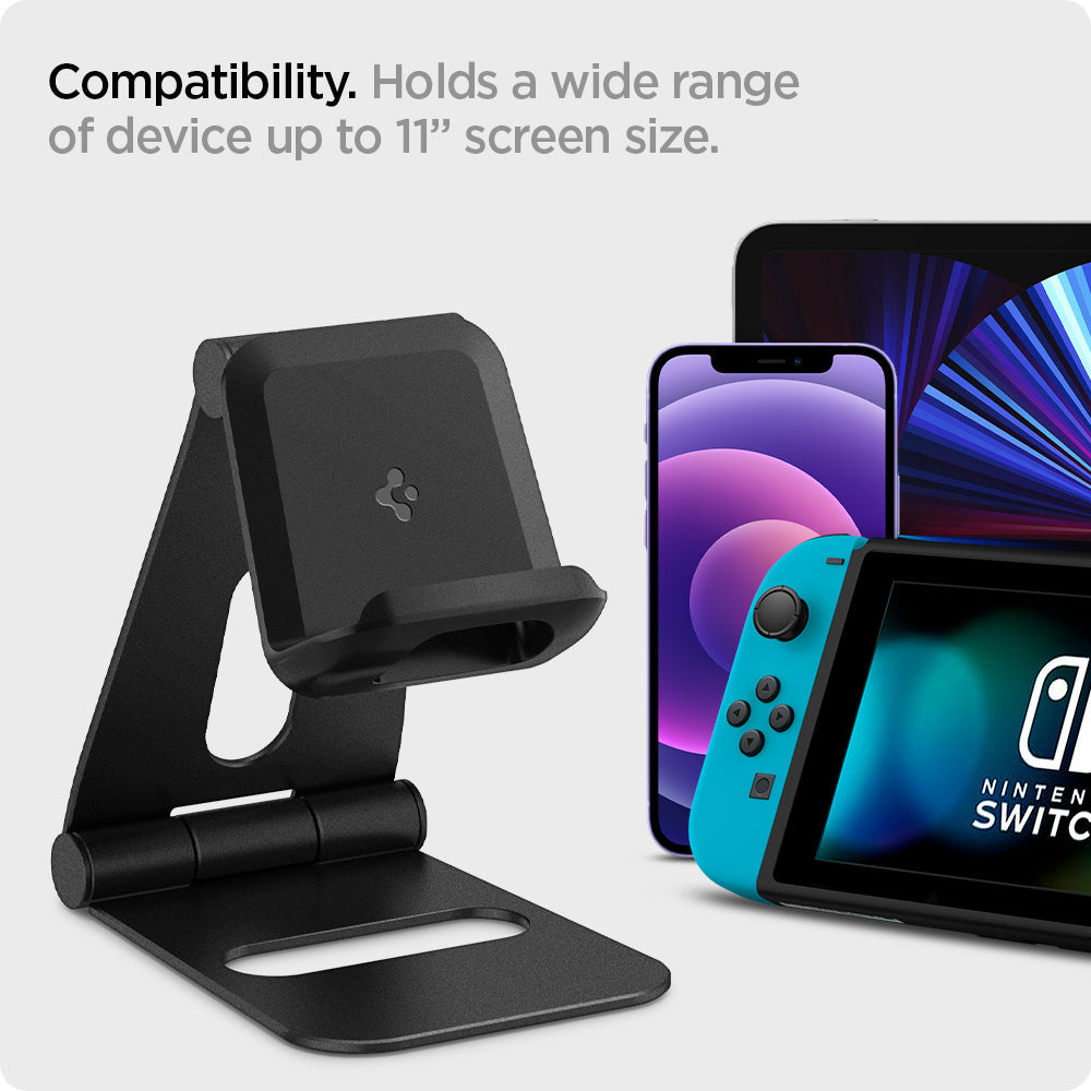 AMP02780 - S311 Charger Stand in black showing the compatibility. Holds a wide range of device up to 11" screen size