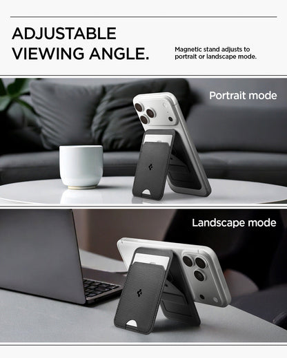 AFA10405 - MagSafe Card Holder Slim Fold (MagFit) | S314-1 in Black showing adjustable viewing angle. magnetic stand adjusts to portrait or landscape mode
