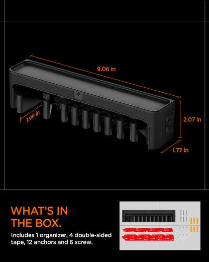 AMP09445 - Watch Band Organizer | S341 showing the what's in the box. Includes 1 organizer, 4 double-sided tape, 12 anchors and 6 screw