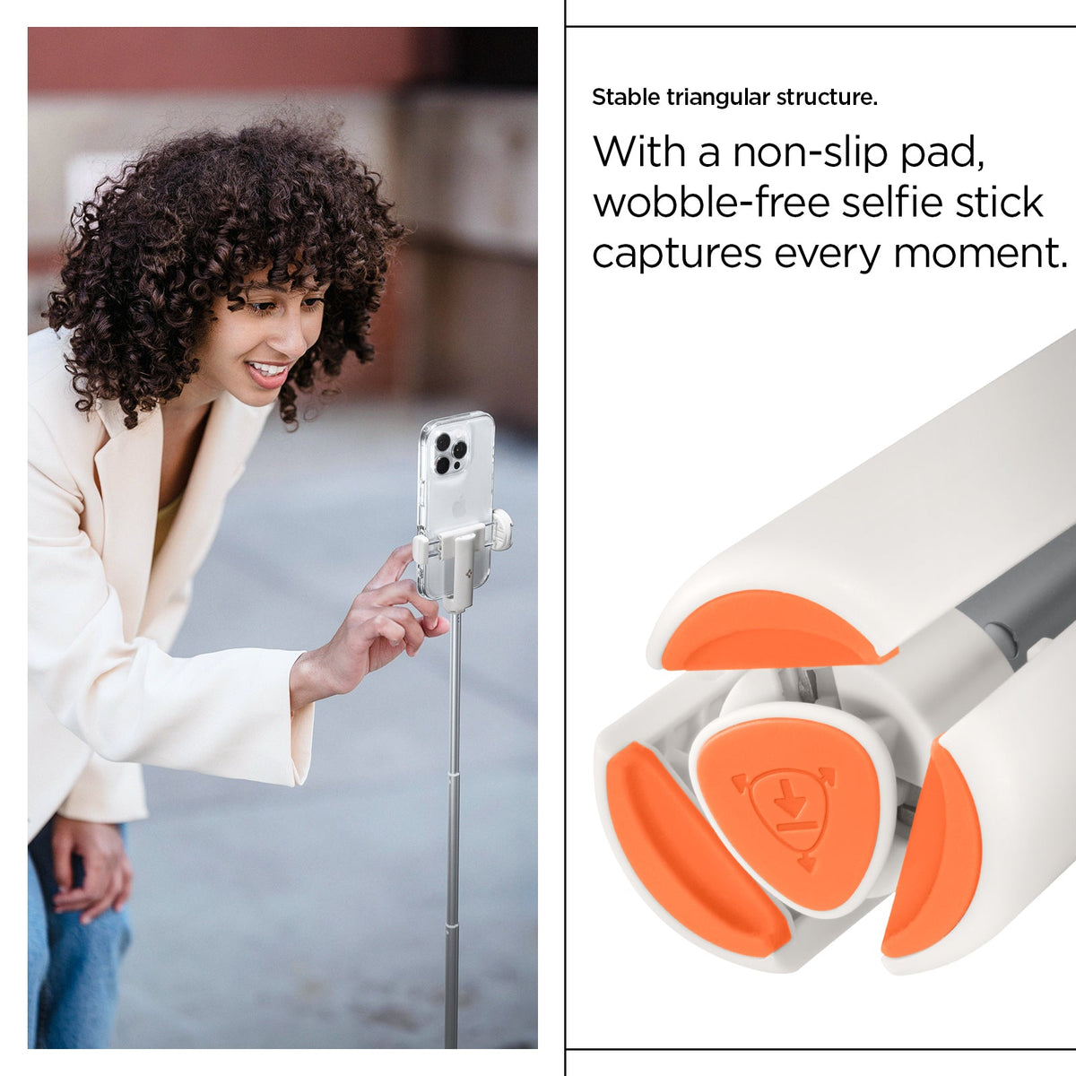 AMP09337 - Tripod Selfie Stick S541W in Dune Beige showing the stable triangular structure. With a non-slip pad, wobble-free selfie stick captures every moment