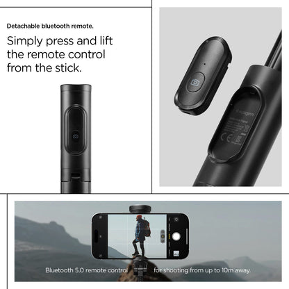 AMP09336 - Tripod Selfie Stick S541W in Black showing the detachable bluetooth remote. Simply press and lift the remote control from the stick