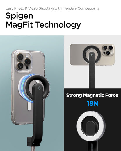 AMP07656 - Tripod Selfie Stick (Magfit) | S571W showing easy photo and video shooting with magsafe compatibility. Spigen magfit technology. Strong magnetic force 18N