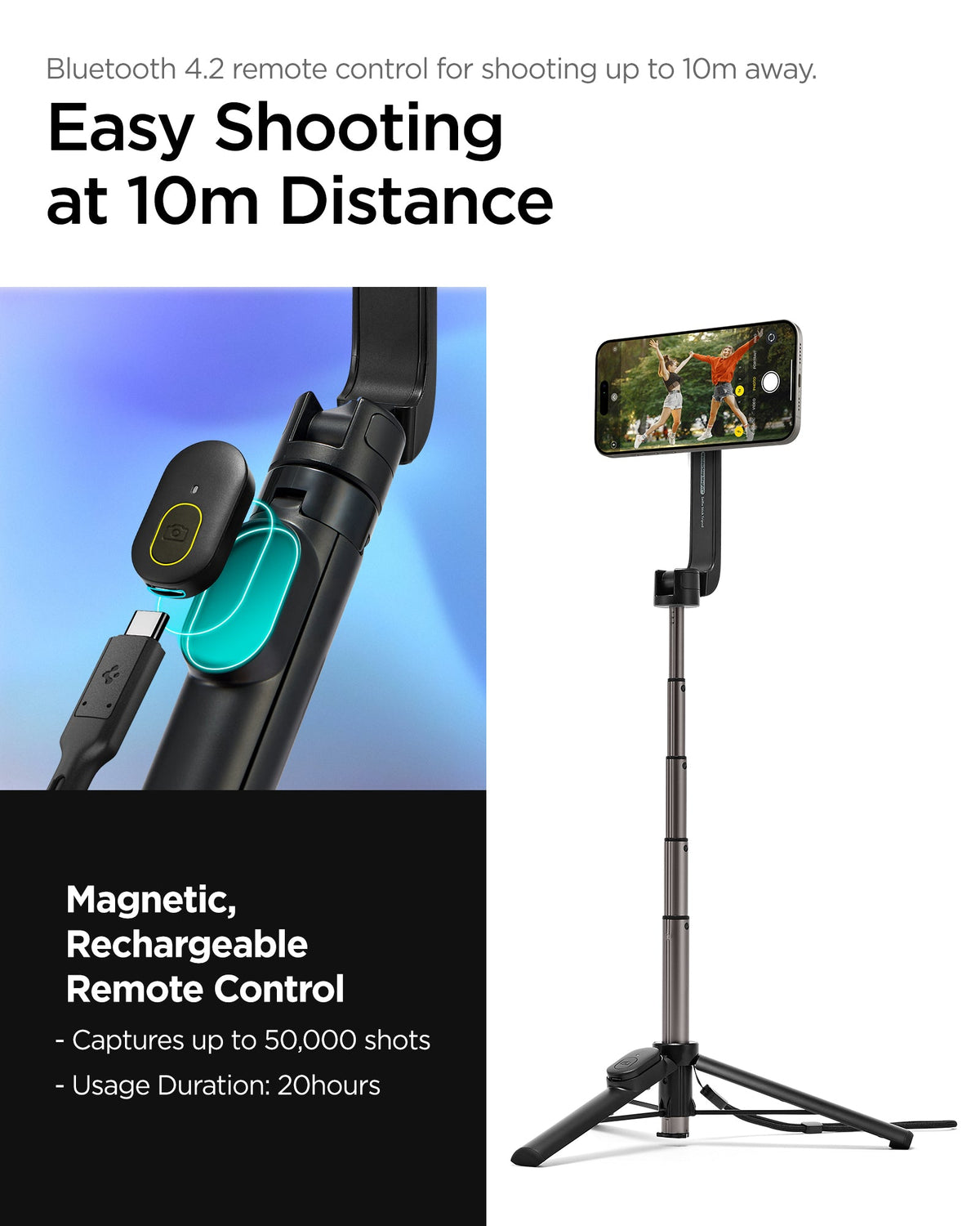AMP07656 - Tripod Selfie Stick (Magfit) | S571W showing bluetooth 4.2 remote control for shooting up to 10m away. easy shooting at 10m distance. Magnetic rechargeable remote control. captures up to 50,000shots. usage duration : 20 hours.