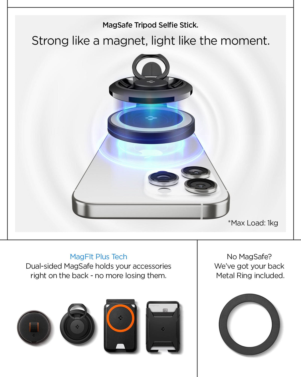 AMP09534 - s581w selfie stick magfit in black magsafe tripod selfie stick. Strong like a magnet, light like the moment. Max load 1kg. Magfit plus tech dual sided magsafe holds your accessories right on the back - no more losing them. No magsafe? we've got your back metal ring included.
