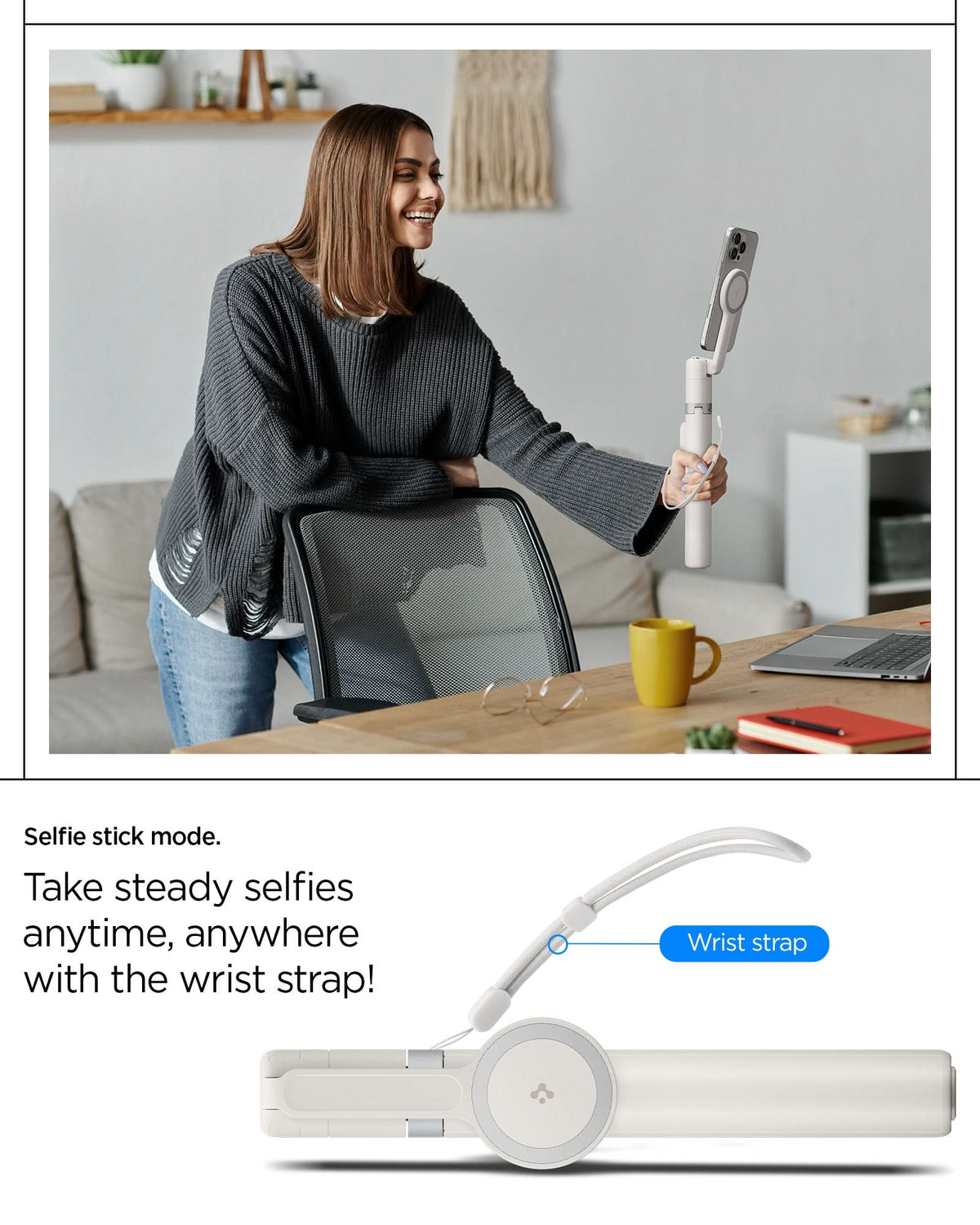 AMP09535 - s581w selfie stick magfit in dune beige selfie stick mode. take steady selfies anytime, anywhere with the wrist strap.
