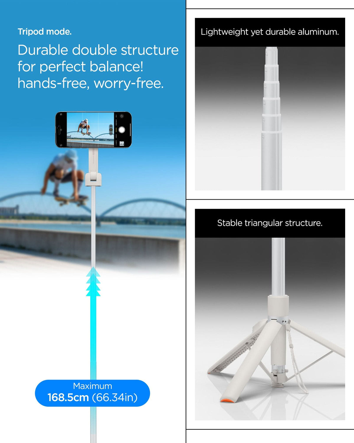 AMP09535 - s581w selfie stick magfit in dune beige tripod mode. durable double structure for perfect balance! hands free worry free. lightweight yet durable aluminum. stable triangular structure.