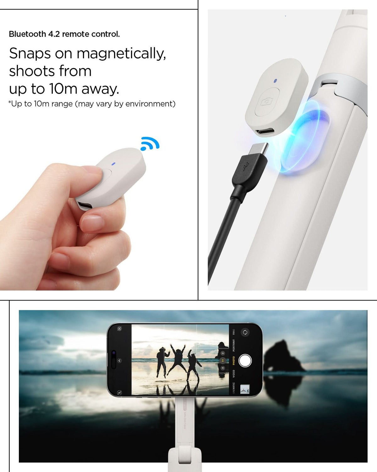 AMP09535 - s581w selfie stick magfit in dune beige bluetooth 4.2 remote control. Snaps on magnetically, shoots from up to 10m away. up to 10m range (may vary by environment)