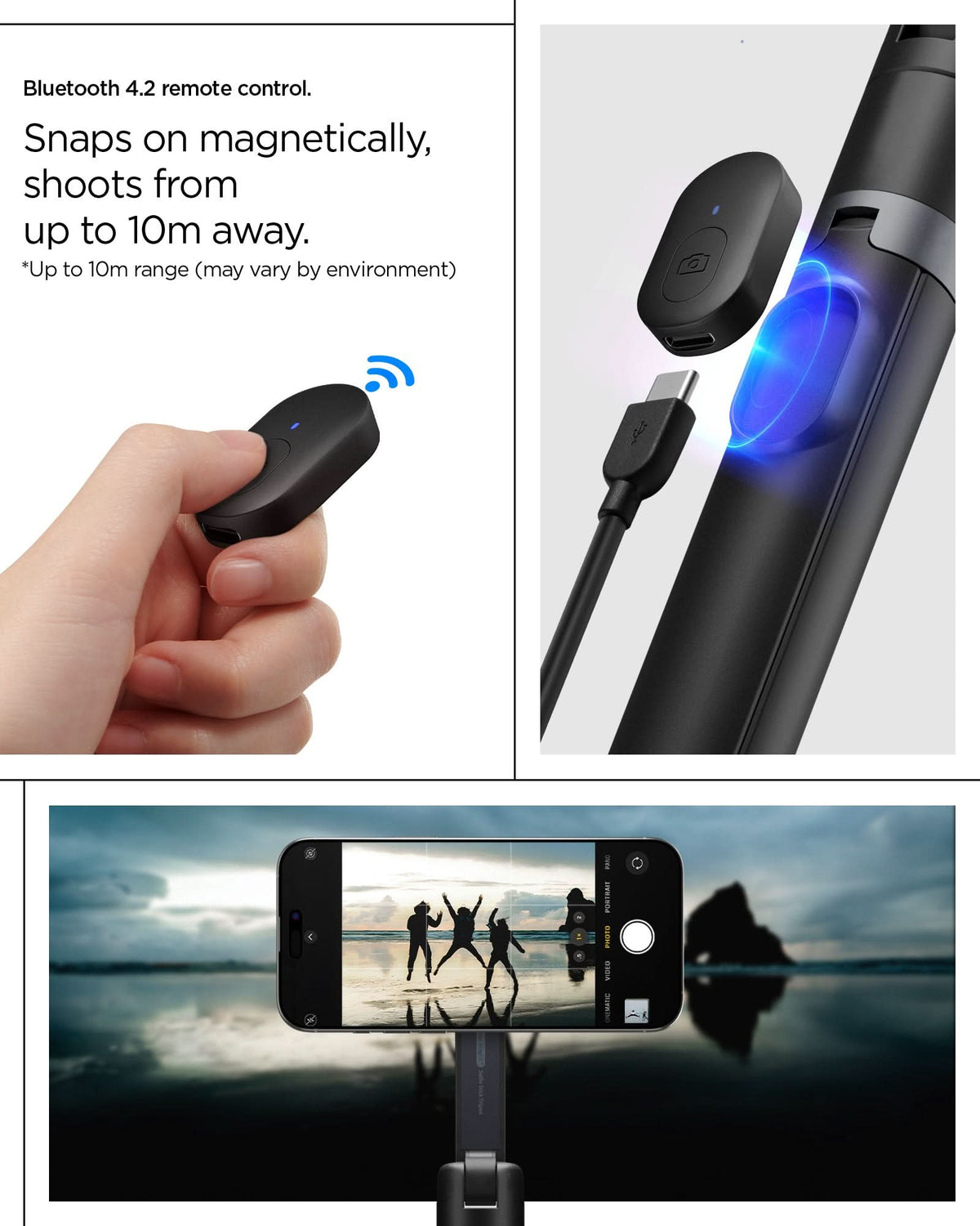 AMP09534 - s581w selfie stick magfit in black bluetooth 4.2 remote control. Snaps on magnetically, shoots from up to 10m away. up to 10m range (may vary by environment)
