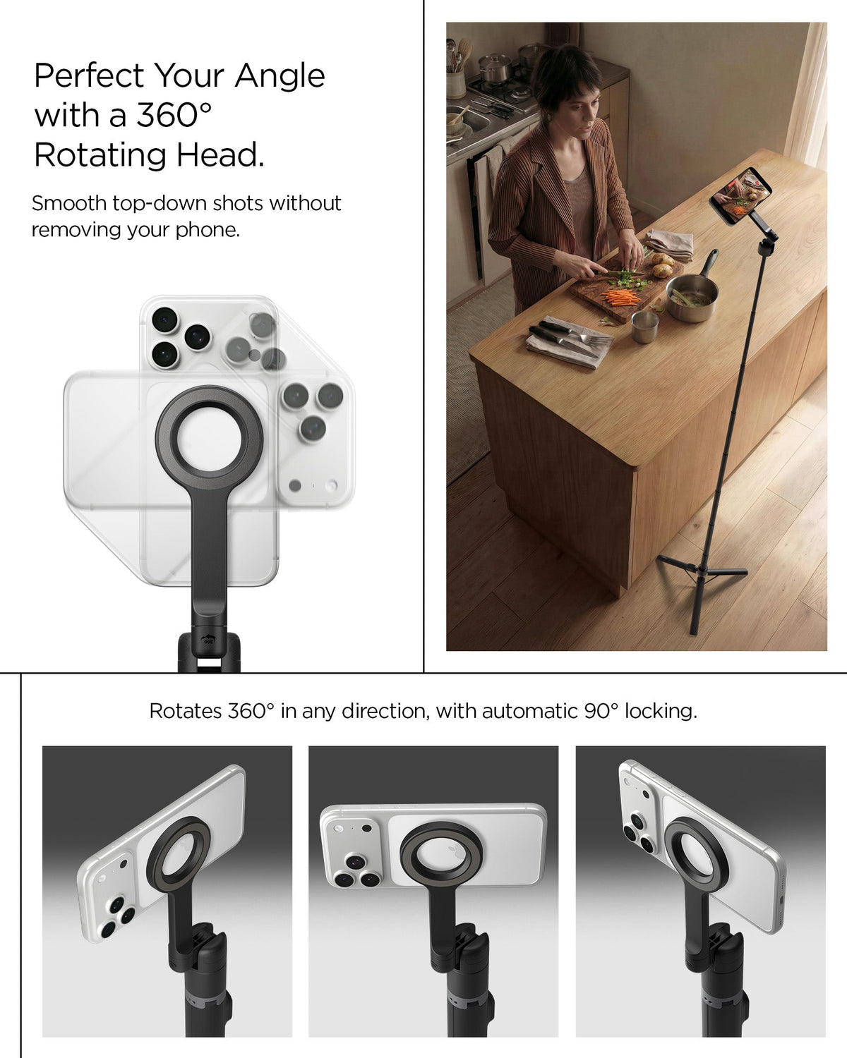 AMP11372 - Selfie Stick | S582W in Black showing perfect your angle with 360 rotating head