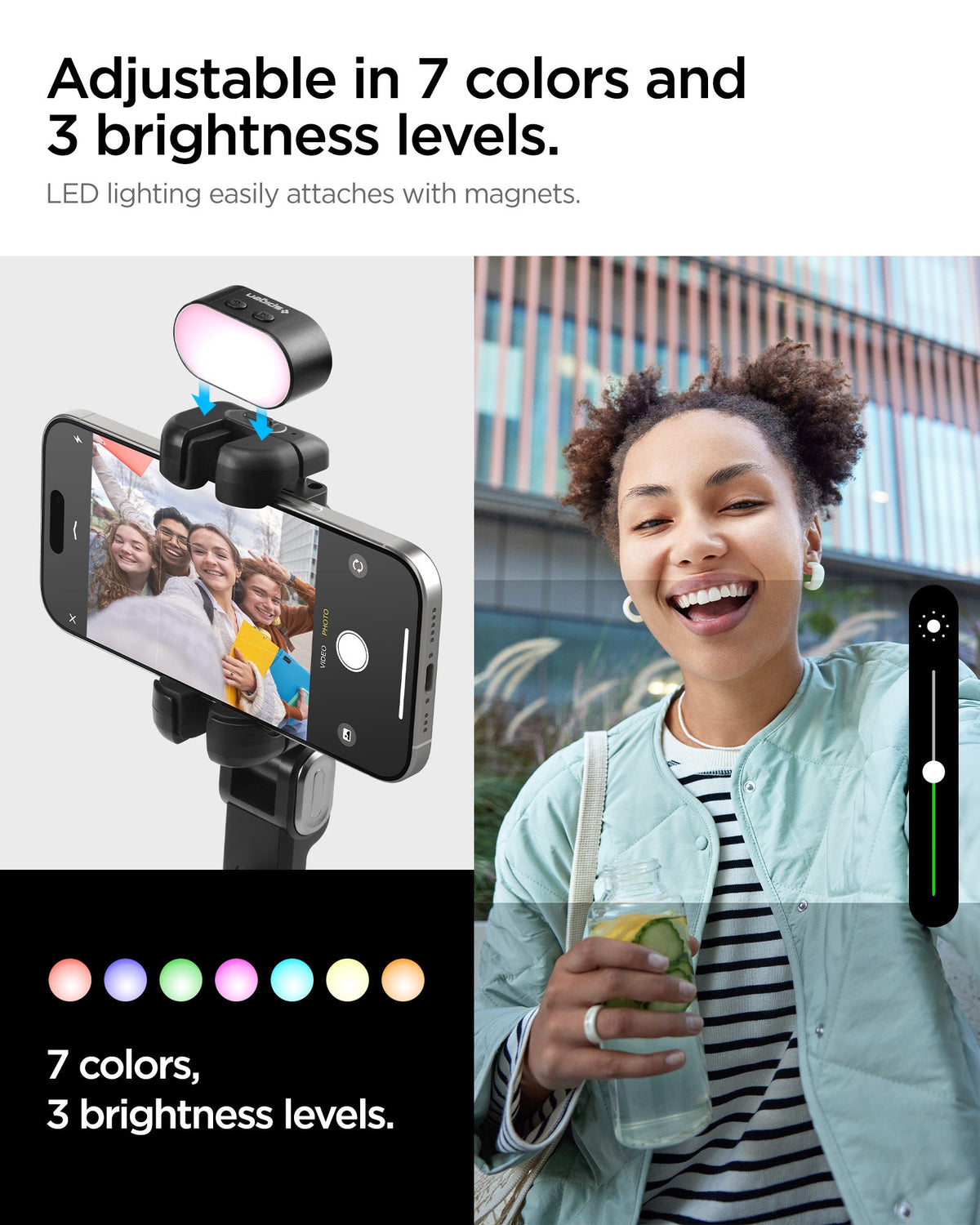AMP08945 - Gimbal Selfie Stick | S620W in Black showing magnetic LED fill light snap-on attachment with 7 color options 3 brightness levels and lifestyle portrait shot with brightness slider