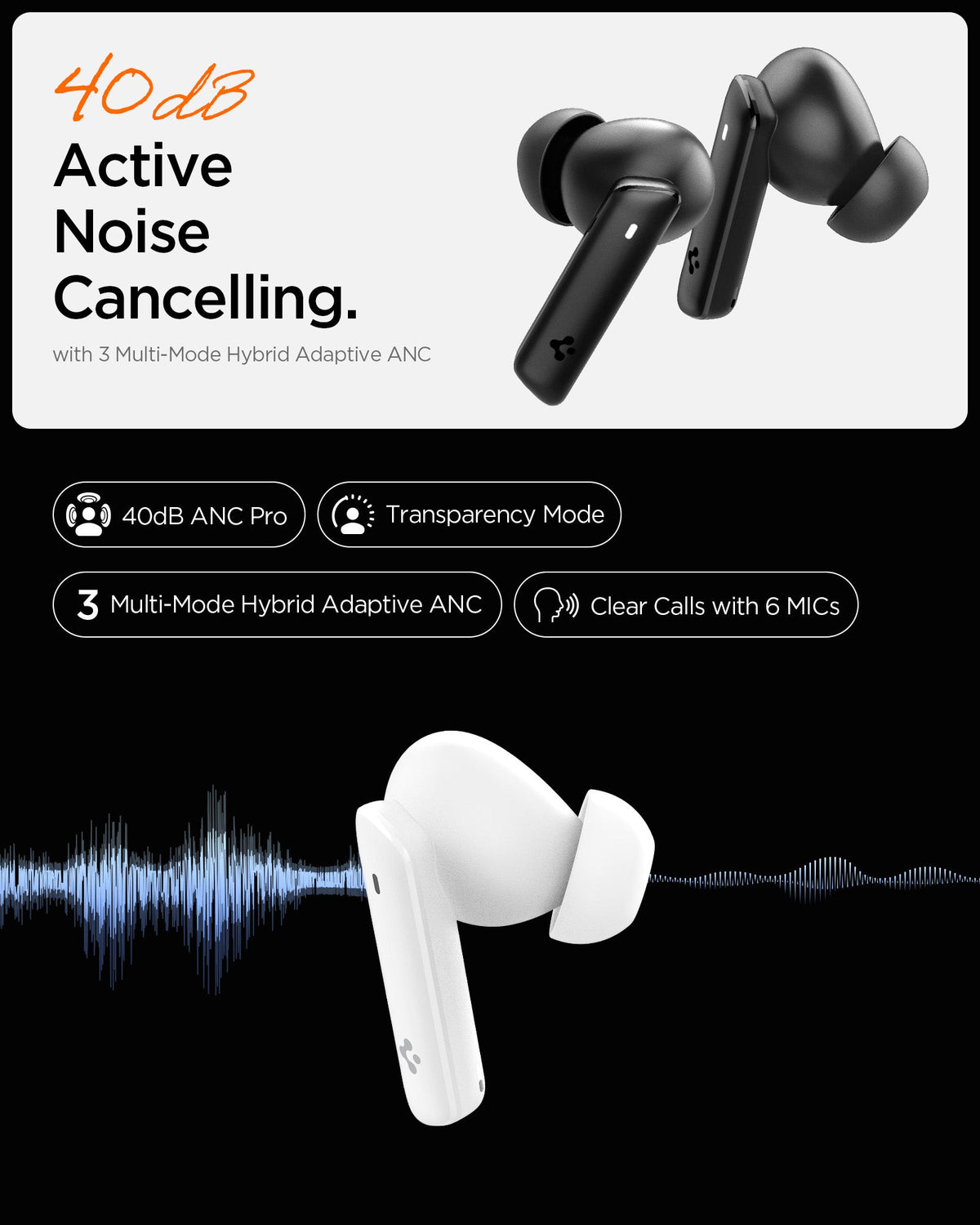 ASD07888 - Spigen True Wireless Earbuds SA2402 in Black showing the 40db Active Noise Cancelling. with 3 Multi-Mode Hybrid Adaptive ANC. Transparency mode and clear calls with 6 MIC's